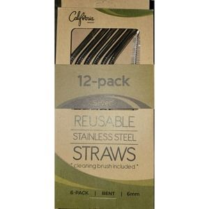 12pk Stainless Steel Silver Drinking Straws Reusable California Basics NEW NIB